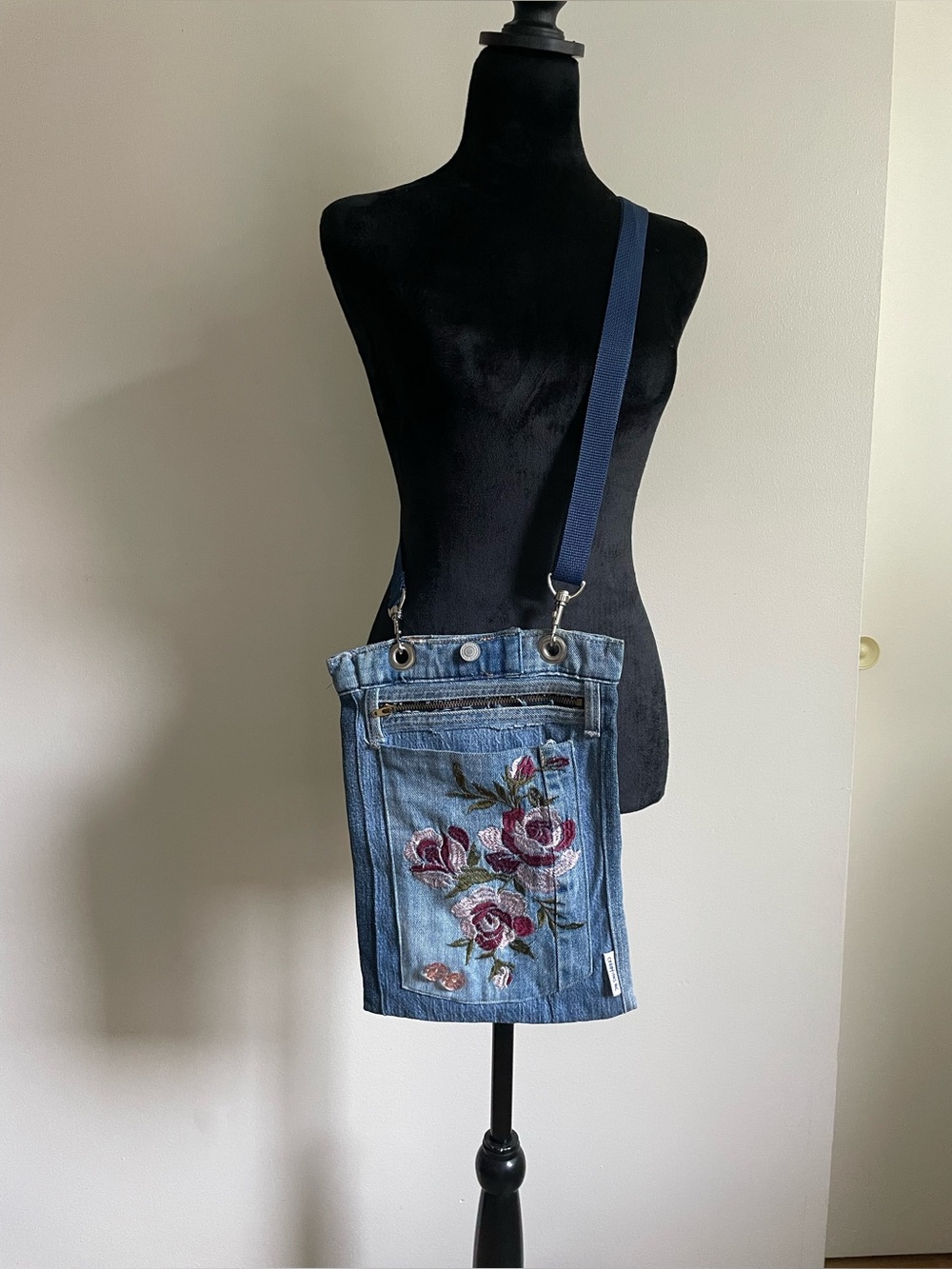 Creations Nic Embroidered Denim Crossbody Bag Floral Blue Jean Purse